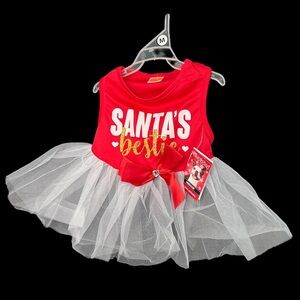SimplyDog Santas Bestie Pet Dress with Bow and Tulle Skirt Red White and Gold